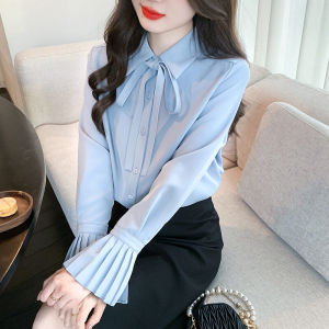 เสื้อเชิ้ตผ้าชีฟองแขนยาวผูกโบว์ผีเสื้อสไตล์ฝรั่งเศสสำหรับผู้หญิง เสื้อแฟชั่นฤดูใบไม้ผลิและฤดูใบไม้ร่วง ดีไซน์ไฮเอนด์ 2025 ใหม่