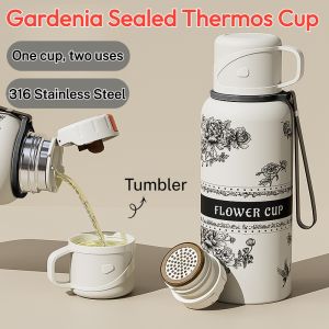 [One Cup Two Uses] Gardenia Sealed Thermos Cup Stainless Steel Thermos Water Cup Bottle Travel Mug Water Bottle