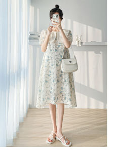 New Maternity Dress Summer Pregnant Women Dress Bubble Sleeve Embroidery Floral Loose Slimming Plus-size Dress