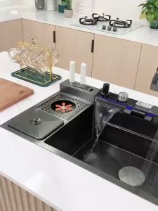 Waterfall Large Single Sink Kitchen sink Waterfall SUS304 Stainless Steel 5MM thickness Lababo Kitchen Sink With Trash can
