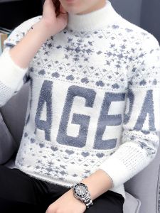 ROMON | Lormen Mens Winter Sweater Half High Collar Inner Wear Letter Print Casual Knitted Shirt Fashionable Urban Style Long Sleeve