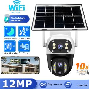Camera Năng Lượng Mặt Trời WIFI 12MP Với Ống Kính Kép Màn Hình 3 Inch Chống Nước Điều Khiển PTZ Ngoài Trời Theo Dõi Chuyển Động & Tầm Nhìn Ban Đêm Màu Sắc
