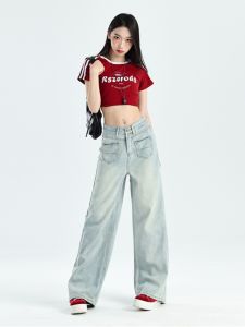 Light Wash High Waist Wide Leg Denim Jeans Womens Loose Fitting American Retro Summer New Style Slimming Floor-Length Pants