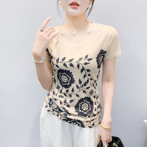 REHIN เสื้อยืดแขนสั้นลายไม่เหมือนใครแฟชั่นใหม่ฤดูร้อนเข้ารูปพอดีคอกลม S-3XL ผู้หญิง