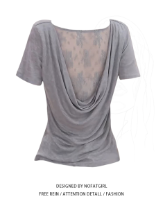 plus Size Elegant Lace Back Short Sleeve T-Shirt Womens Summer New Style Pure Desire Fancy Top for Plump MM Commute Fashion