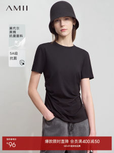 Amii Summer New Casual round Neck Modal Cotton Antibacterial Short Sleeve T-Shirt Women Pleated Slightly Waist Inward Top