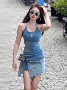 Retro Fashionable Halter Neck Short Skirt Denim Dress Bodycon Summer Clothes Womens Premium Clothing Vintage Style Dress