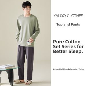 yaloo | Cotton Mens Long Sleeve Pajama Set Wearable Outdoors