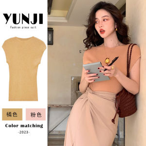 เสื้อยืดคอกลมแขนสั้นผ้าถักสไตล์ฝรั่งเศส เสื้อเชิ้ตทรงสลิมฟิตสำหรับผู้หญิงในช่วงฤดูร้อน แฟชั่นลำลอง