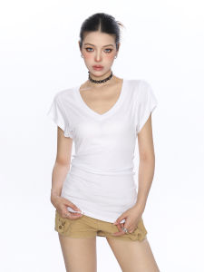 Slim Fit Korean Style V-Neck Short Sleeve T-Shirt Womens Basic Summer Top Stackable Waist Cinching Casual Commute Fashion
