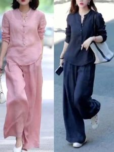 Summer Clothing New Long Sleeve Shirt Loose Pants Casual Two-Piece Suit Literary Fan Minimalist Loose Western Style Slimming Plus Size Ladies