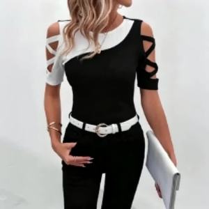 Ladies fashionable hollow out short sleeved T-shirt casual style