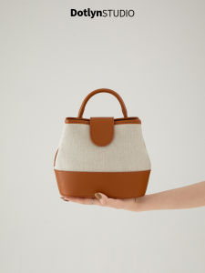 Dotlyn Canvas Bucket Bag Womens Crossbody Handbag Spliced Retro Fashion Commuting Bag Magnetic Buckle Soft PU Leather