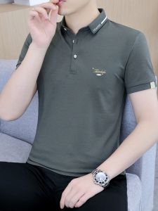 2024 Best Selling Summer Embroidered Lapel Polo Shirt Ice Silk Mens Short Sleeve T-Shirt Mens Business Casual Pure Cotton Shirt