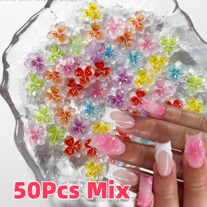 50Pcs 3D Mixed Gradient Cherry Blossom Nail Charms 11mm Five Petal Flower Nail Art Rhinestones DIY Crafts Manicure Decorations *