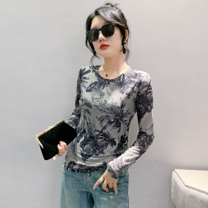 REHIN เสื้อเสื้อยืดผ้าตาข่ายพิมพ์ลายคอกลมแขนยาวสำหรับผู้หญิงอินเทรนด์เข้ารูปพอดีเกาหลี