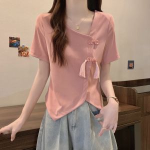 Asymmetrical New Chinese Style Buckle Shoulder Short Sleeve T-Shirt Womens Slightly Oversized Girls Plus Size Womens Clothing Slimming V-Neckline Belly-Covering Coat