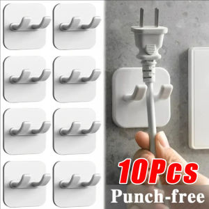 10pcs Wall Mount Punch-free Power Cord Storage Rack Hooks / Self Adhesive Plug Plastic Hook / Multipurpose White Power Cord Hanger Holder for Wires Towels Keys Hanging