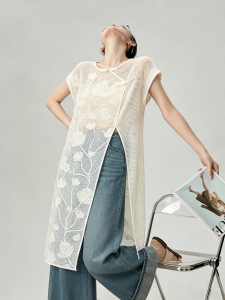 GULILI | Pankou Flower Embroidery Knitted Lace Up Short Sleeve Dress Women Summer