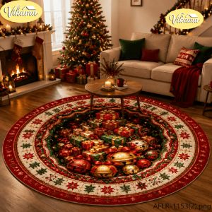 VIKAMA 3D Christmas Tree Skirt Round Rug Non Slip Living Room Carpet Christmas Decorative Holiday Party Rug Washable Home Decor