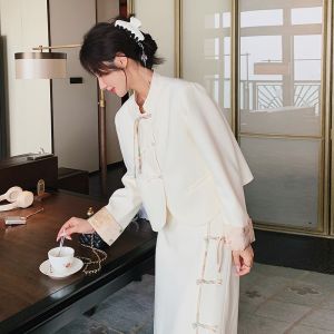 New Chinese Style Two-Piece Set Womens Spring Fashion High Waist Skirt with Slit And Button up Top in Off-White Elegant