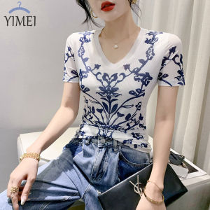 Yimei 2023 in họa tiết lặp lại mới cổ tròn áo lưới mùa hè tay ngắn áo phông in hình Áo thun nữ đẹp ôm vừa thời trang nữ