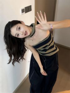 VKSOD | Beach Vacation Style Knitted One Shoulder Hanging Neck Stripe Vest And Straight Leg Jeans Set For Women Ages 25 To 35