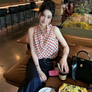 French Polka Dot Halter Neck Sleeveless Shirt Vest Womens Elegant Summer New Vintage Style Commute Loose Fit round Neck Top