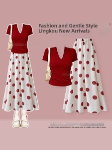 NUMEN BUTTON | Summer Unique Beautiful Outfit for Petite Women Top with Polka Dot Skirt