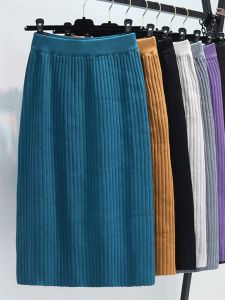 Womens Mid-Length A-Line Knitted Skirt High Waist Straight Tube Long Dress Cover Hip Winter Skirt Korean Style Commute