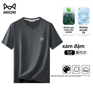 Áo thun nam MiiOW Cat Person bằng lụa cổ chữ V tay ngắn thoáng khí thoải mái - Mùa hè