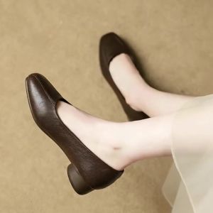 Giày Cao Gót Mũi Vuông Nữ Thanh Lịch Da Tổng Hợp Giày Cao Gót Đế Thấp Sang Trọng Tối Giản Công Sở Giày Đi Làm Slip-On Màu Trơn