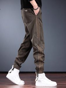 Café Brown Loose Trousers Mens Autumn American Retro Side Stripe Elastic Waist Workwear Harlan Trendy Casual Pants