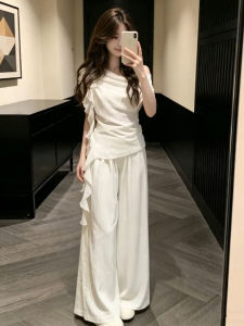 Karrar betsey | Elegant White Asymmetrical Top and Pants Set