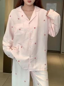 Cute Pink Cherry Pajama Women Girls Spring and Autumn Long Sleeve Set Cardigan Cloud Cotton Gauze Sleepwear Large Cute Outerwear