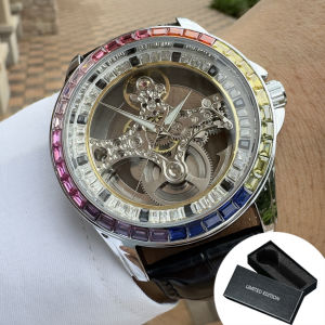 AOKULASIC | AOKULASIC Luxury Brand Skeleton Automatic Watch for Men Fashion Iced Out Mechanical Watches Leather Strap Business Wristwatches