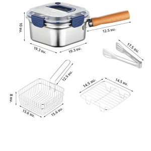 หม้อทอดสแตนเลส - หม้อทอดขนาดเล็กแบบพกพาประหยัดน้ำมันสำหรับใช้ในครัวเรือน - หม้อทอดทรงสี่เหลี่ยมพร้อมตัวกรอง - อเนกประสงค์
