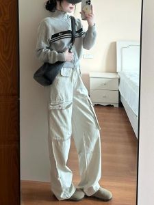 กางเกงขายาวทรงหลวมเอวสูง กระเป๋าหลายช่อง กางเกงขายาวสไตล์อเมริกันสำหรับผู้หญิง สไตล์เกาหลี ฤดูใบไม้ร่วง 2024