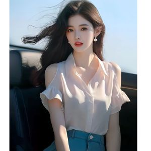 Áo Sơ Mi Voan Tay Ngắn Hở Vai Kiểu Pháp Thanh Lịch Cho Nữ Mùa Hè Mới Thời Trang Cao Cấp Cảm Giác Nhỏ