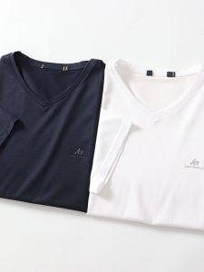 Brand Label Cutting! Lyocell Mercerized Cotton! Summer Fashion V Neck Plaid Delicate Easiest for Match Casual Short-Sleeved T-shirt Men