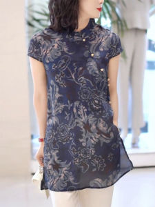 QINGNAER | Plus Size Versatile Exquisite Chinese Style Blue and White Short Sleeve Blouse
