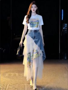 LIANGYILAILIN | Stylish Attractive Two-Piece Set Printed T-Shirt Irregular Slim Skirt