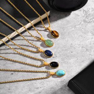 Kemstone Stainless Steel Oval Natural Stone Pendant Necklace for Men and Women Jewelry Gift