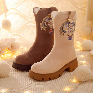 New Style Beijing Embroidered Martin Boots Thick Bottom Mid-Calf National Style Cheongsam Shoes Traditional Chinese Folk Art