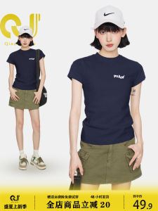 Áo Thun Cotton Tay Ngắn Cổ Tròn Ôm Vừa Vặn Màu Xanh Lam Mùa Hè Cho Nữ Áo Thun Nữ Cỡ Nhỏ Dáng Ôm Chất Liệu Cotton Nguyên Chất