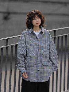 Spring & Fall Japanese-Style Retro Large Pocket Gingham Long Sleeves Shirt Men and Women Loose Couple Contrast Color Street Jacket Men