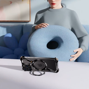 เคสโทรศัพท์ โลหะ เคสโทรศัพท์ไร้กรอบรูปร่าง กันกระแทก บางพิเศษ สําหรับ IPhone15 Pro Max/plus/pro/ 15 บัมเปอร์โลหะกันชนแม่เหล็ก 360 ° หมุนพร้อมขาตั้ง