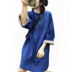 เสื้อสเวตเตอร์คอกลมแขนยาวทรงหลวมสไตล์เกาหลีสำหรับผู้หญิงในฤดูใบไม้ผลิและฤดูใบไม้ร่วง สีน้ำเงิน ทรงหลวม ลำลอง เสื้อคลุมกันหนาวแบบบาง