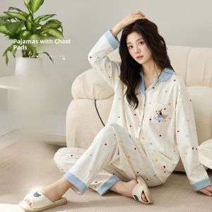 miiow | Pure Cotton Sleepwear Womens Loose Fit Autumn Outerwear Home Clothes With Chest Pad Anti-Bulge Casual Style Long Sleeve Open Cardigan