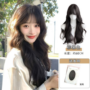 Womens Long Curl Wig Natural Big Wave Airy Bangs Simulated Hair Full Head Cover Lolita Style Daily Whole Head Wig